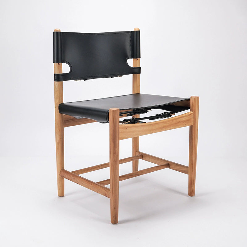 Traditional Vintage Rectangular Seat Solid Wood Saddle Leather Dining Chair Backrest For Dining Room