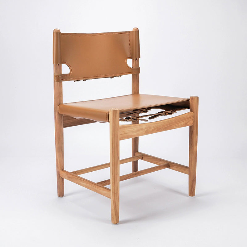 Traditional Vintage Rectangular Seat Solid Wood Saddle Leather Dining Chair Backrest For Dining Room