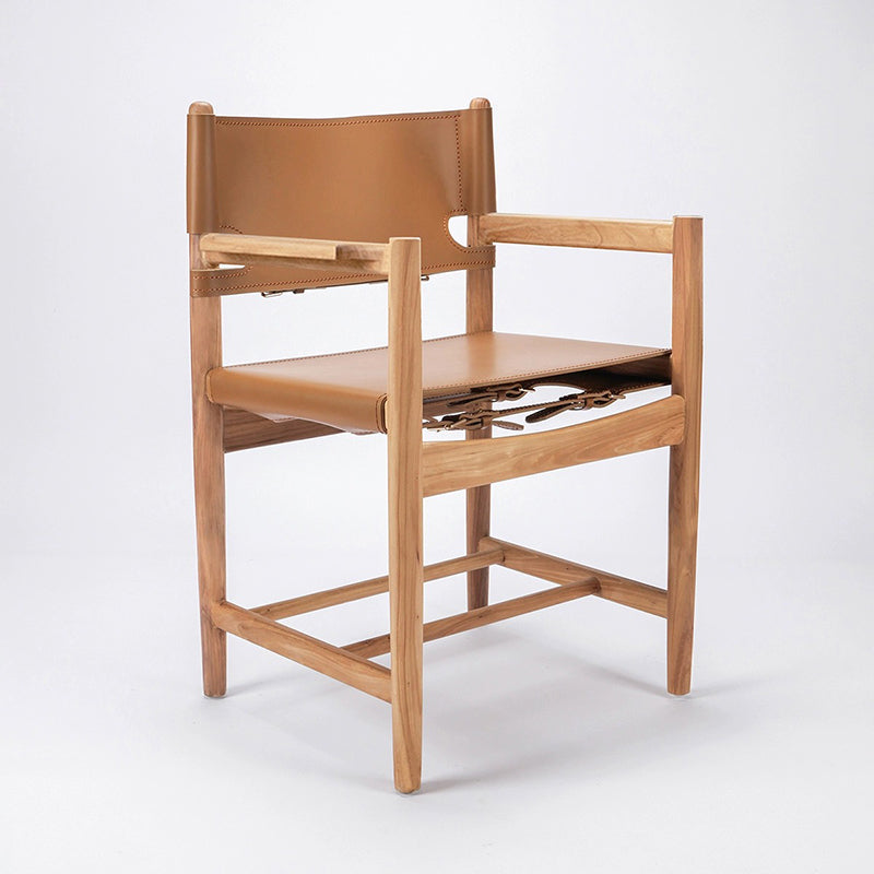 Traditional Vintage Rectangular Seat Solid Wood Saddle Leather Dining Chair Backrest For Dining Room