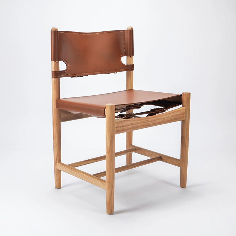 Traditional Vintage Rectangular Seat Solid Wood Saddle Leather Dining Chair Backrest For Dining Room