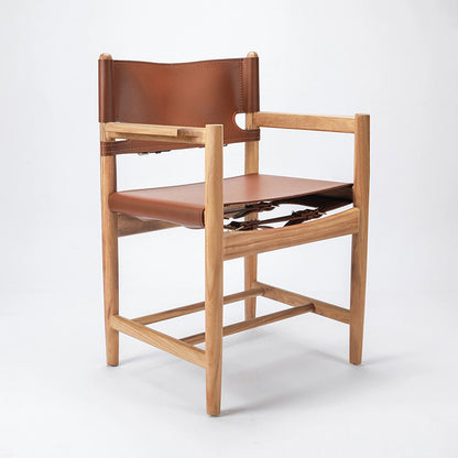 Traditional Vintage Rectangular Seat Solid Wood Saddle Leather Dining Chair Backrest For Dining Room