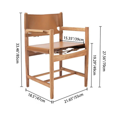 Traditional Vintage Rectangular Seat Solid Wood Saddle Leather Dining Chair Backrest For Dining Room