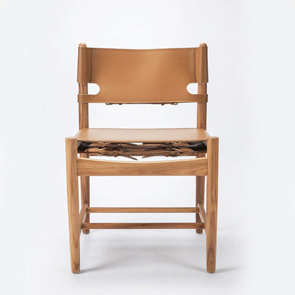 Traditional Vintage Rectangular Seat Solid Wood Saddle Leather Dining Chair Backrest For Dining Room