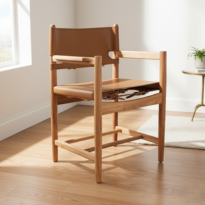 Traditional Vintage Rectangular Seat Solid Wood Saddle Leather Dining Chair Backrest For Dining Room