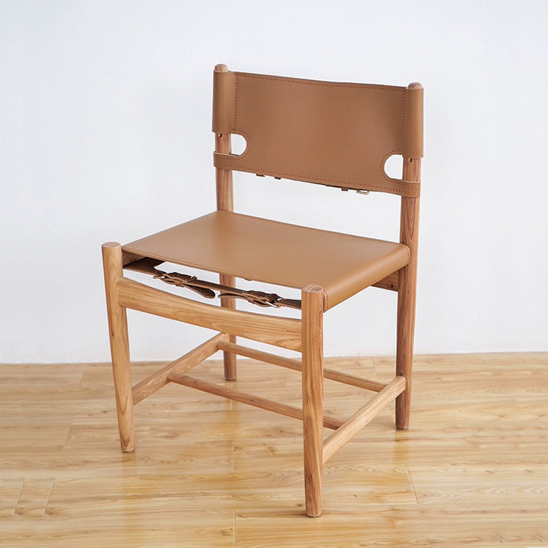 Traditional Vintage Rectangular Seat Solid Wood Saddle Leather Dining Chair Backrest For Dining Room