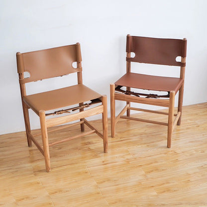 Traditional Vintage Rectangular Seat Solid Wood Saddle Leather Dining Chair Backrest For Dining Room