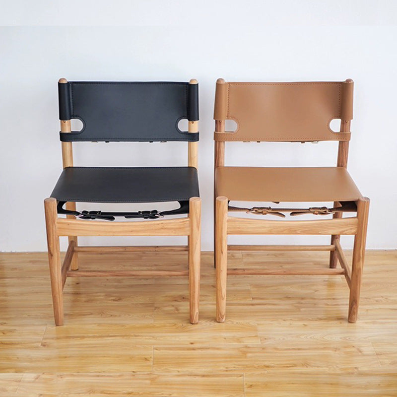 Traditional Vintage Rectangular Seat Solid Wood Saddle Leather Dining Chair Backrest For Dining Room