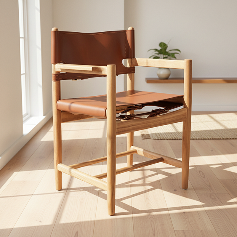 Traditional Vintage Rectangular Seat Solid Wood Saddle Leather Dining Chair Backrest For Dining Room