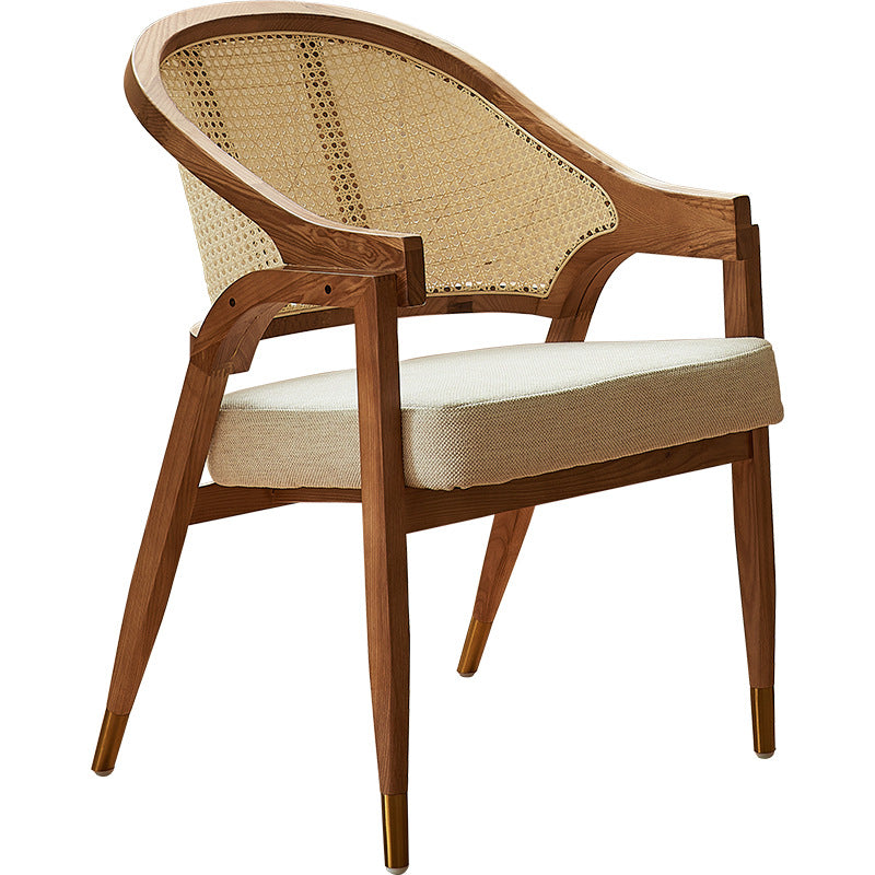 Traditional Vintage Rectangular Seat Cushion Solid Wood Rattan Cotton Linen Sponge Dining Chair Backrest Armrest For Dining Room
