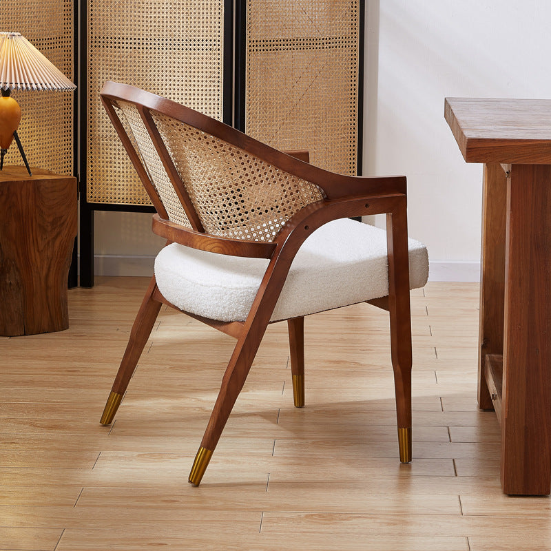 Traditional Vintage Rectangular Seat Cushion Solid Wood Rattan Cotton Linen Sponge Dining Chair Backrest Armrest For Dining Room