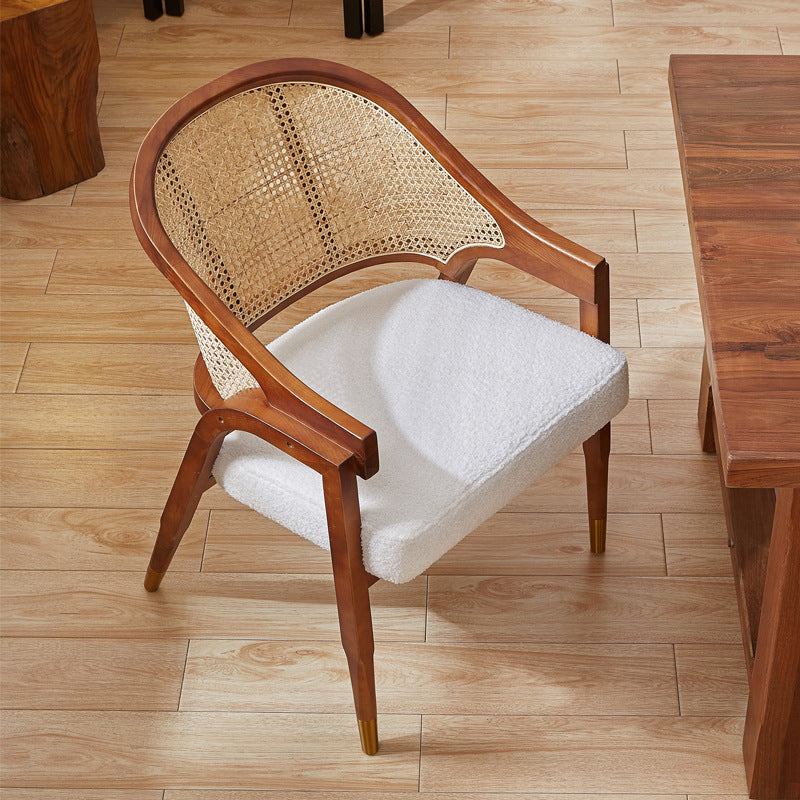 Traditional Vintage Rectangular Seat Cushion Solid Wood Rattan Cotton Linen Sponge Dining Chair Backrest Armrest For Dining Room
