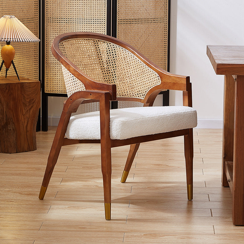 Traditional Vintage Rectangular Seat Cushion Solid Wood Rattan Cotton Linen Sponge Dining Chair Backrest Armrest For Dining Room