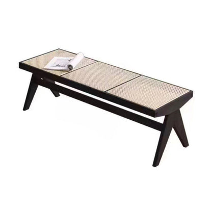Traditional Vintage Rectangular Solid Wood Rattan-Style Footstool For Living Room