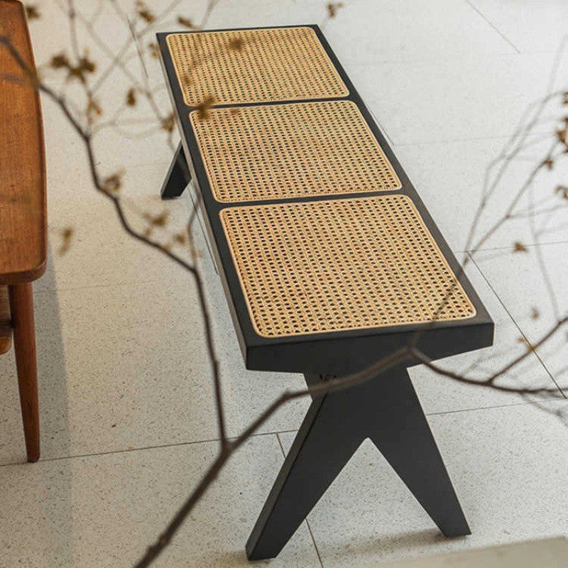 Traditional Vintage Rectangular Solid Wood Rattan-Style Footstool For Living Room