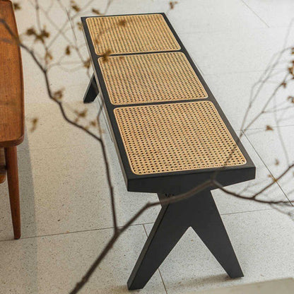 Traditional Vintage Rectangular Solid Wood Rattan-Style Footstool For Living Room