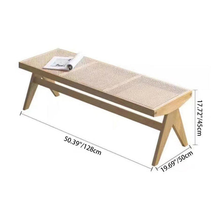 Traditional Vintage Rectangular Solid Wood Rattan-Style Footstool For Living Room