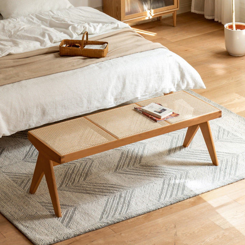 Traditional Vintage Rectangular Solid Wood Rattan-Style Footstool For Living Room