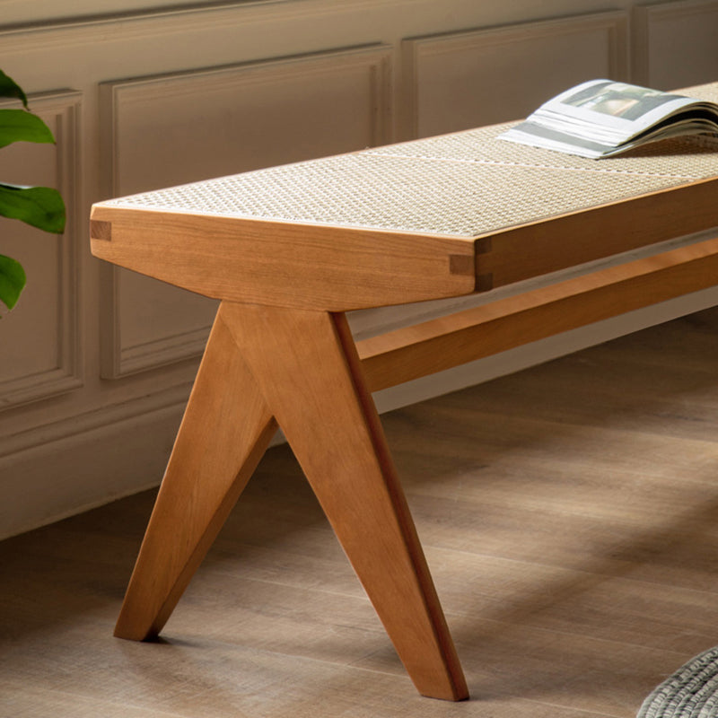Traditional Vintage Rectangular Solid Wood Rattan-Style Footstool For Living Room