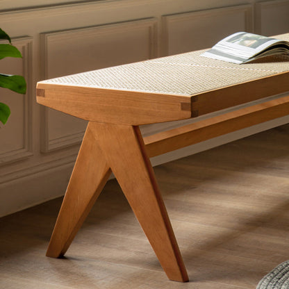 Traditional Vintage Rectangular Solid Wood Rattan-Style Footstool For Living Room