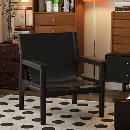 Modern Mid-century Saddle Leather Ash Wood Rectangular Accent Chair Backrest Armrest For Living Room