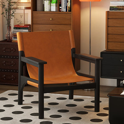 Modern Mid-century Saddle Leather Ash Wood Rectangular Accent Chair Backrest Armrest For Living Room