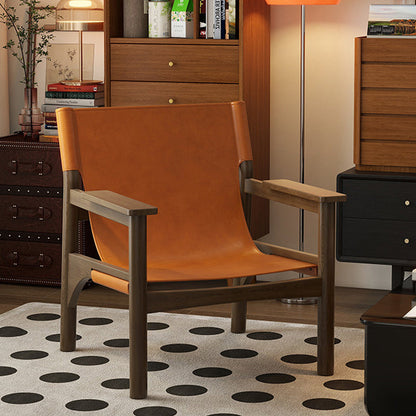 Modern Mid-century Saddle Leather Ash Wood Rectangular Accent Chair Backrest Armrest For Living Room