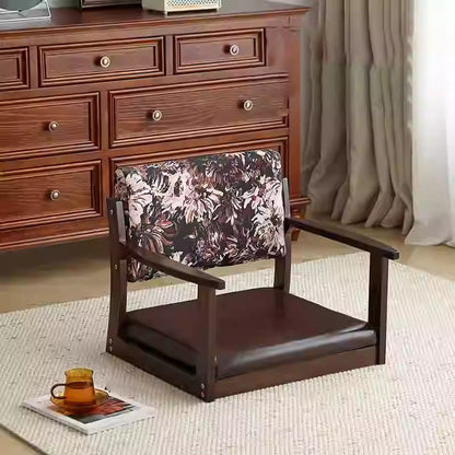 Traditional Vintage Rectangle Oil Wax Leather Solid Wood Low Stool Backrests Armrests For Living Room