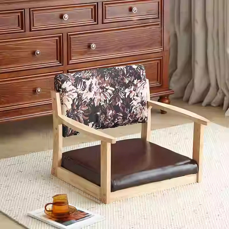 Traditional Vintage Rectangle Oil Wax Leather Solid Wood Low Stool Backrests Armrests For Living Room