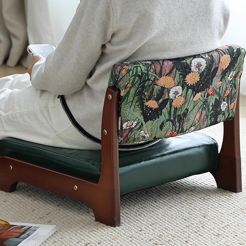 Traditional Vintage Rectangle Oil Wax Leather Solid Wood Low Stool Backrests Armrests For Living Room