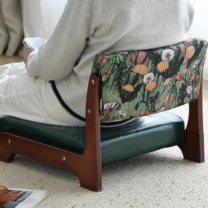 Traditional Vintage Rectangle Oil Wax Leather Solid Wood Low Stool Backrests Armrests For Living Room