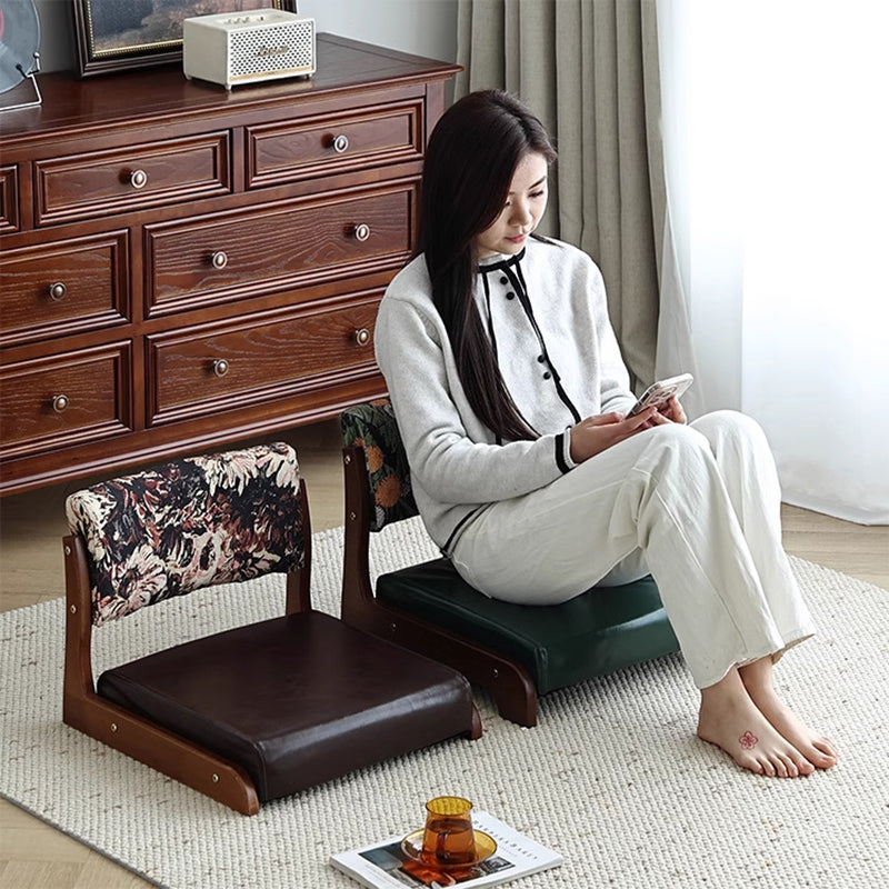 Traditional Vintage Rectangle Oil Wax Leather Solid Wood Low Stool Backrests Armrests For Living Room