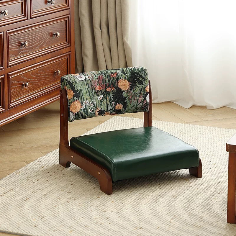 Traditional Vintage Rectangle Oil Wax Leather Solid Wood Low Stool Backrests Armrests For Living Room