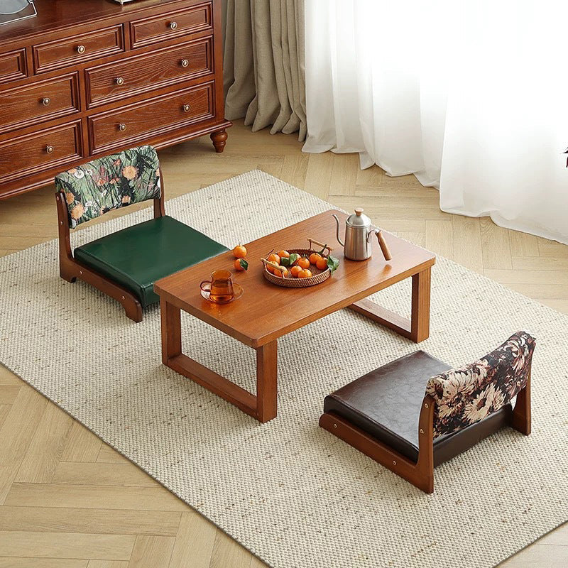 Traditional Vintage Rectangle Oil Wax Leather Solid Wood Low Stool Backrests Armrests For Living Room
