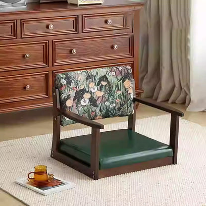 Traditional Vintage Rectangle Oil Wax Leather Solid Wood Low Stool Backrests Armrests For Living Room