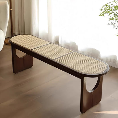 Contemporary Scandinavian Ellipse PE Rattan Weaving Rubberwood Bench Backless Armless For Living Room