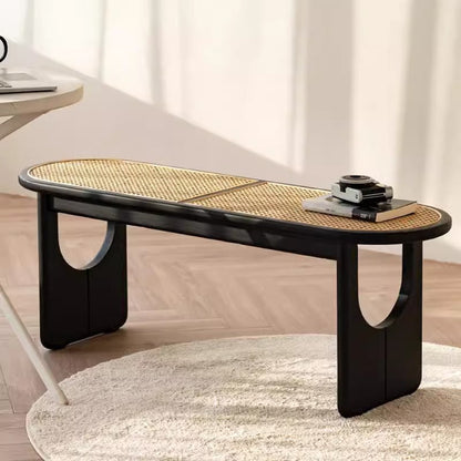 Contemporary Scandinavian Ellipse PE Rattan Weaving Rubberwood Bench Backless Armless For Living Room