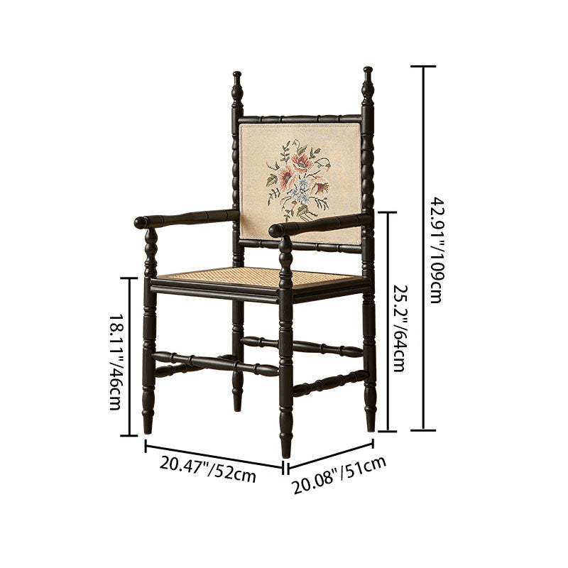 Traditional Vintage Curved Back Rattan Weaving Oak Wood Dining Chair Backrest Armrest For Dining Room