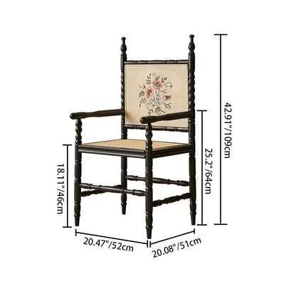 Traditional Vintage Curved Back Rattan Weaving Oak Wood Dining Chair Backrest Armrest For Dining Room