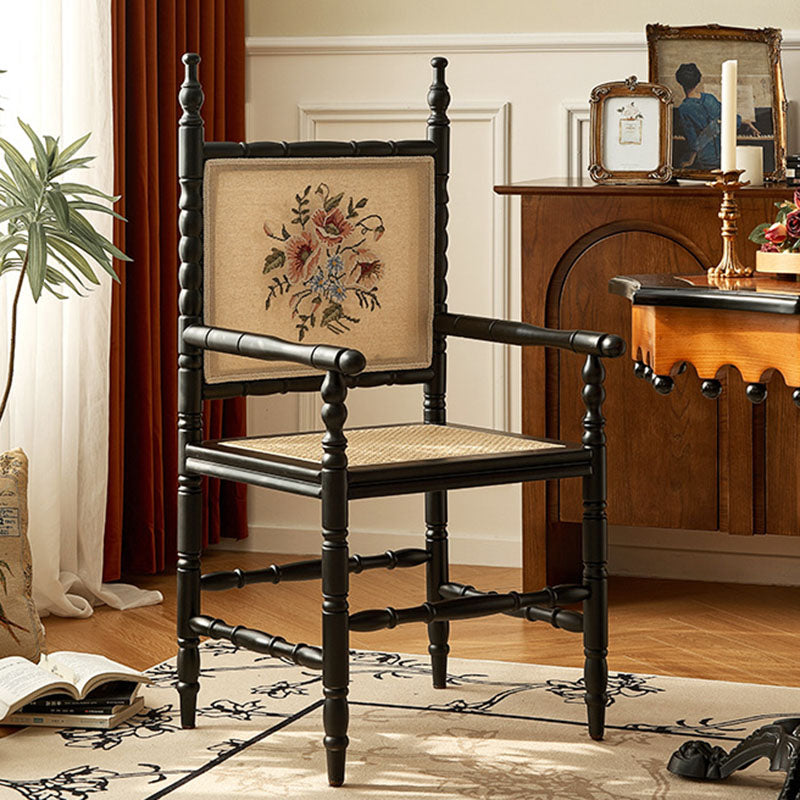 Traditional Vintage Curved Back Rattan Weaving Oak Wood Dining Chair Backrest Armrest For Dining Room
