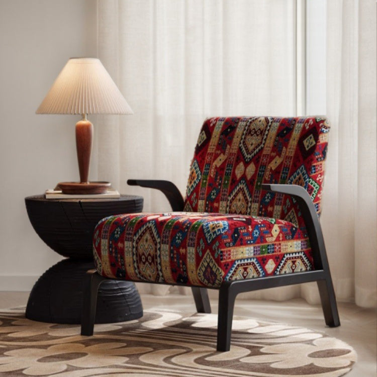 Traditional Vintage Curved Back Fabric Ash Wood Accent Chair Backrest Armrest For Living Room