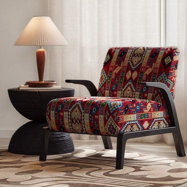 Traditional Vintage Curved Back Fabric Ash Wood Accent Chair Backrest Armrest For Living Room