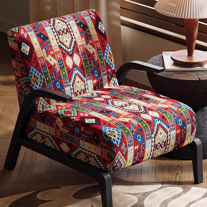 Traditional Vintage Curved Back Fabric Ash Wood Accent Chair Backrest Armrest For Living Room