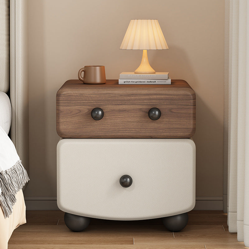 Modern Minimalist Rectangular Solid Wood Multi-layer Board Microfiber Leather Nightstand 2-Drawer For Bedroom