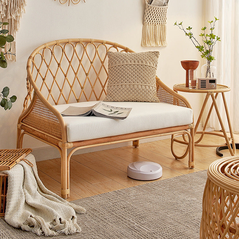 Contemporary Boho Curved Rattan Weaving Cotton Linen Fabric Sponge Sofa Backrest Armrest For Living Room
