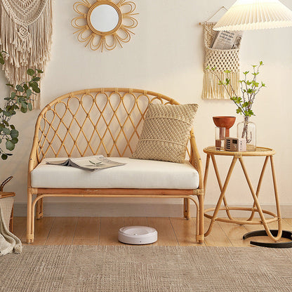 Contemporary Boho Curved Rattan Weaving Cotton Linen Fabric Sponge Sofa Backrest Armrest For Living Room