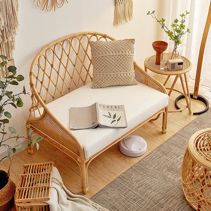 Contemporary Boho Curved Rattan Weaving Cotton Linen Fabric Sponge Sofa Backrest Armrest For Living Room