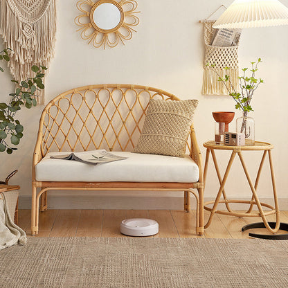 Contemporary Boho Curved Rattan Weaving Cotton Linen Fabric Sponge Sofa Backrest Armrest For Living Room