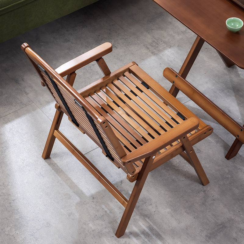 Traditional Chinese Bamboo Rectangular Accent Chair With Folding Backrest & Armrests For Living Room & Bedroom