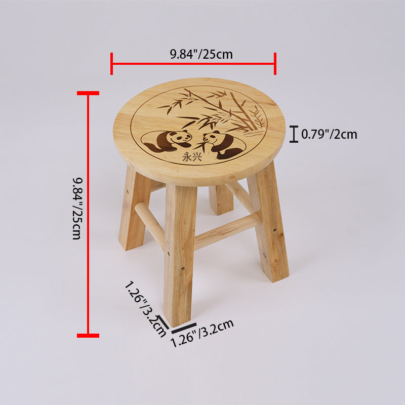 Traditional Chinese Solid Wood Round Stool Panda Pattern Finish Low Stool For Living Room Bedroom & Entryway