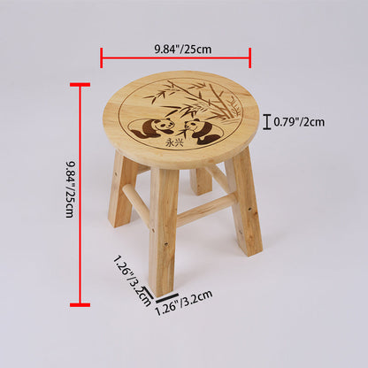 Traditional Chinese Solid Wood Round Stool Panda Pattern Finish Low Stool For Living Room Bedroom & Entryway